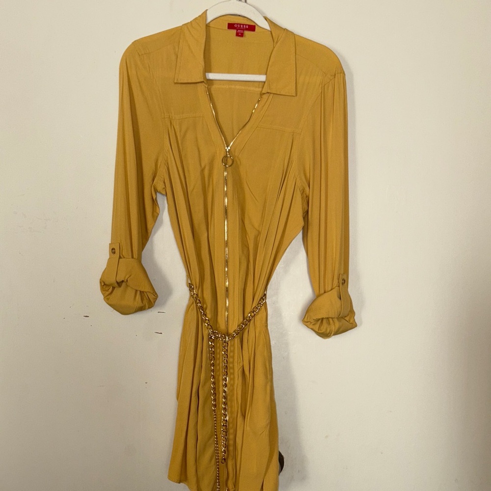 Guess Mustard Long Sleeve Dress with Chain Accent